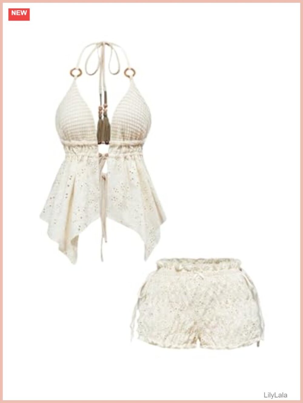 Y2K Boho Eyelet Tie Backless Beaded Halter Top & Shorts 2 Piece Vacation Set